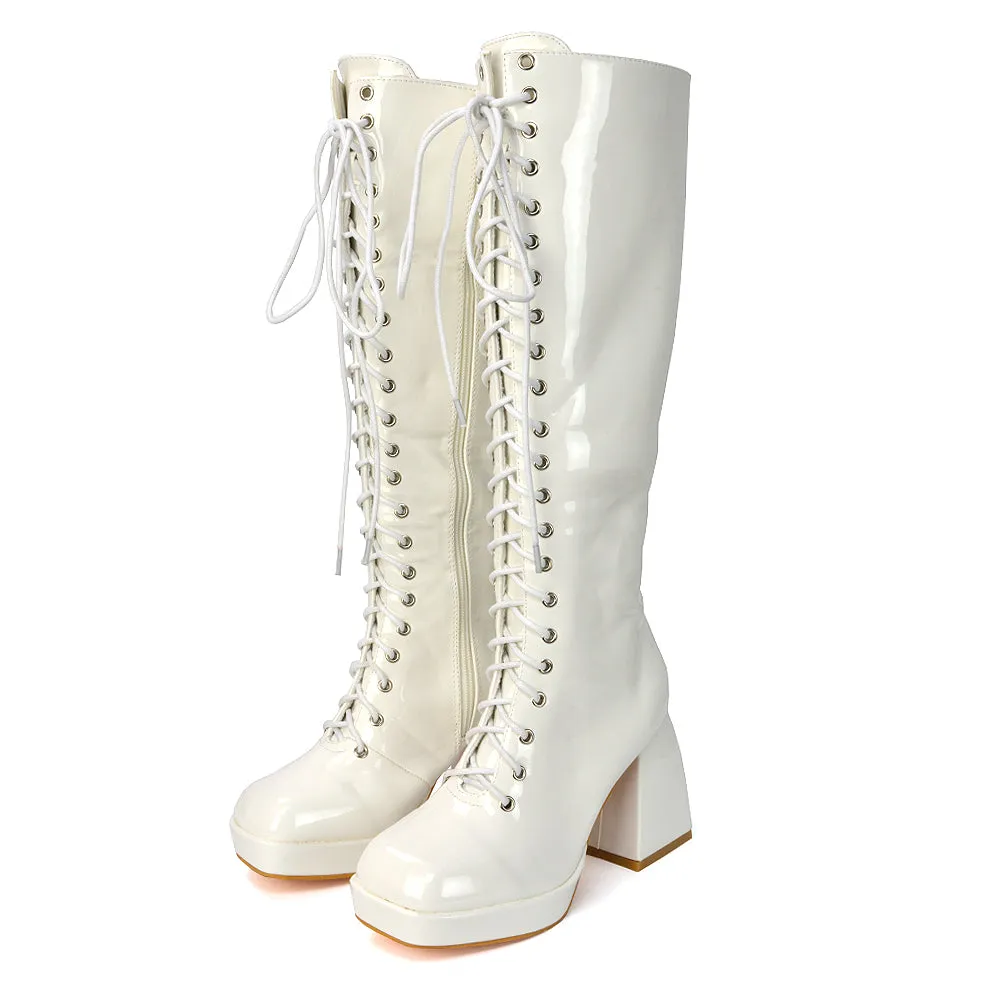 Love Square Toe Chunky Platform Sole Block Heel Knee High Long Lace up Boots in White Patent