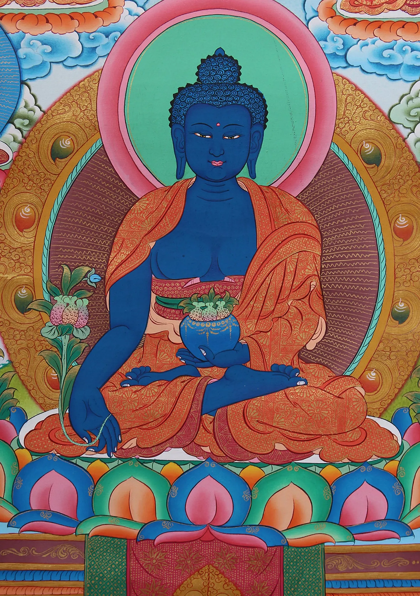 Medicine Buddha with Five Dhyani Buddha Thangka Art