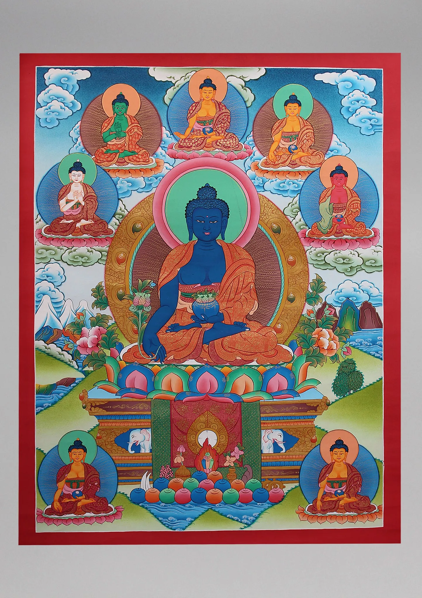 Medicine Buddha with Five Dhyani Buddha Thangka Art