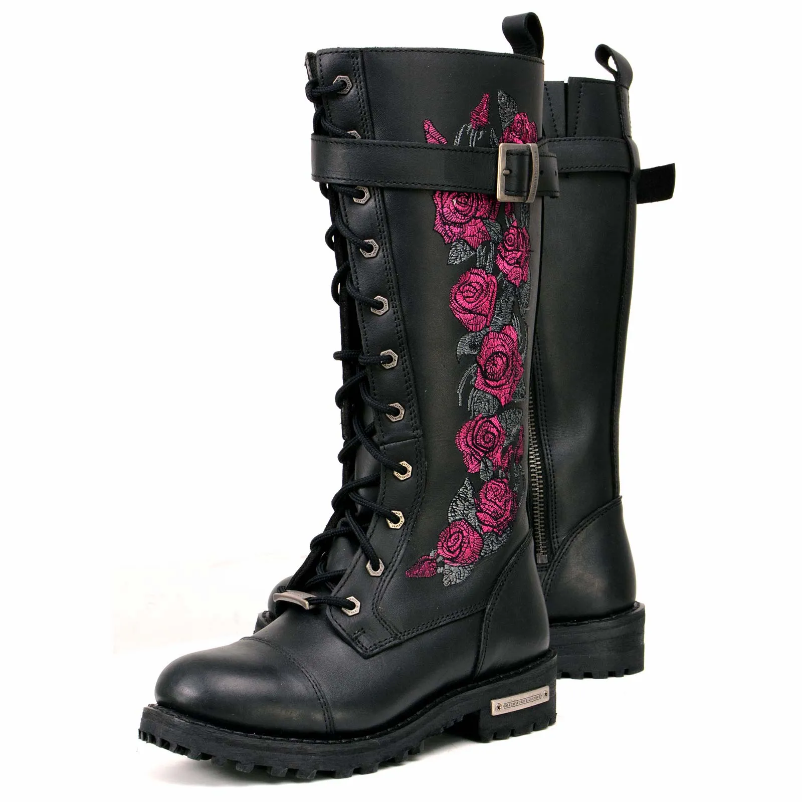 Milwaukee Leather MBL9356 Women's Black 14” Tall Motorcycle Boots Lace-Up High-Rise Pink Embroidered Leather Shoe