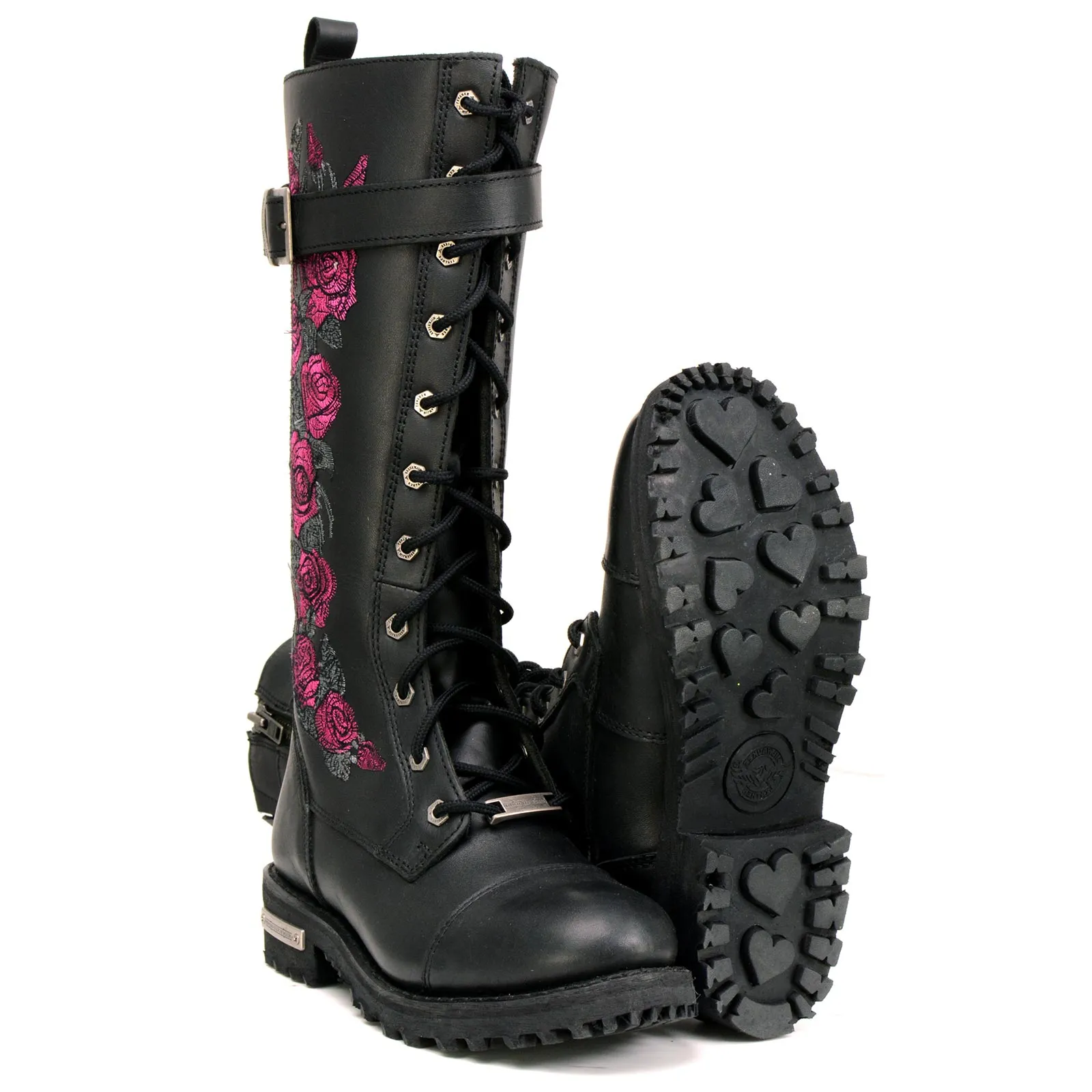 Milwaukee Leather MBL9356 Women's Black 14” Tall Motorcycle Boots Lace-Up High-Rise Pink Embroidered Leather Shoe