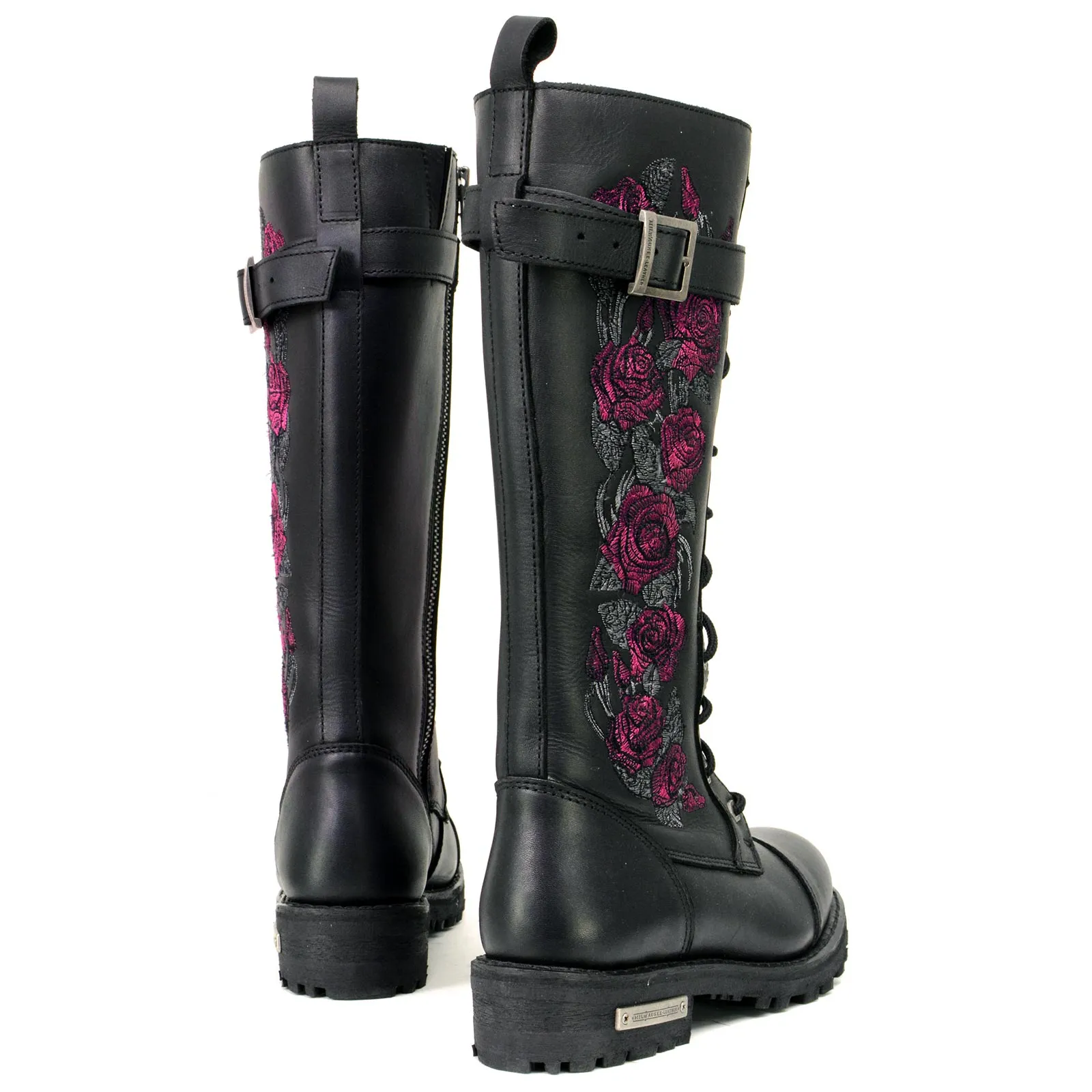 Milwaukee Leather MBL9356 Women's Black 14” Tall Motorcycle Boots Lace-Up High-Rise Pink Embroidered Leather Shoe