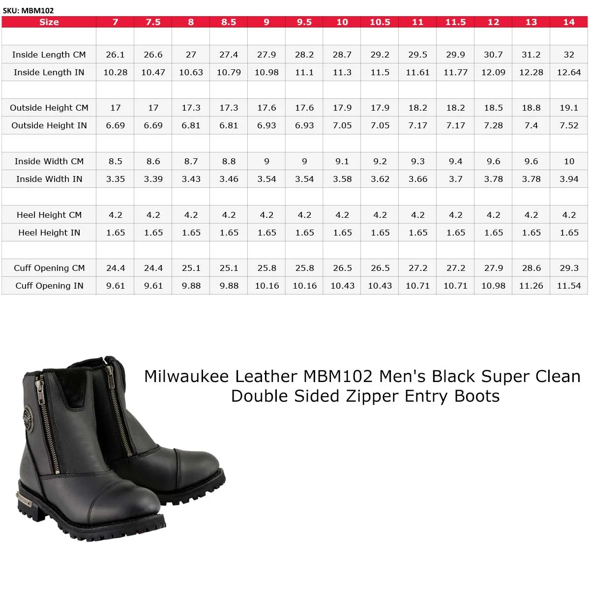 Milwaukee Leather MBM102 Men's Black Smooth Double Sided Zipper Entry Motorcycle Leather Boots