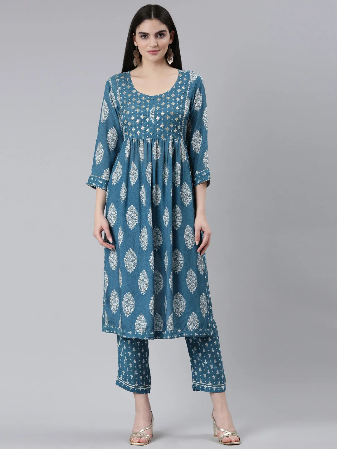 Neeru's Green Pleated Straight Printed Kurta And Trousers