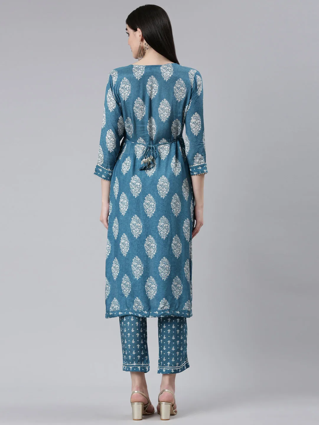 Neeru's Green Pleated Straight Printed Kurta And Trousers