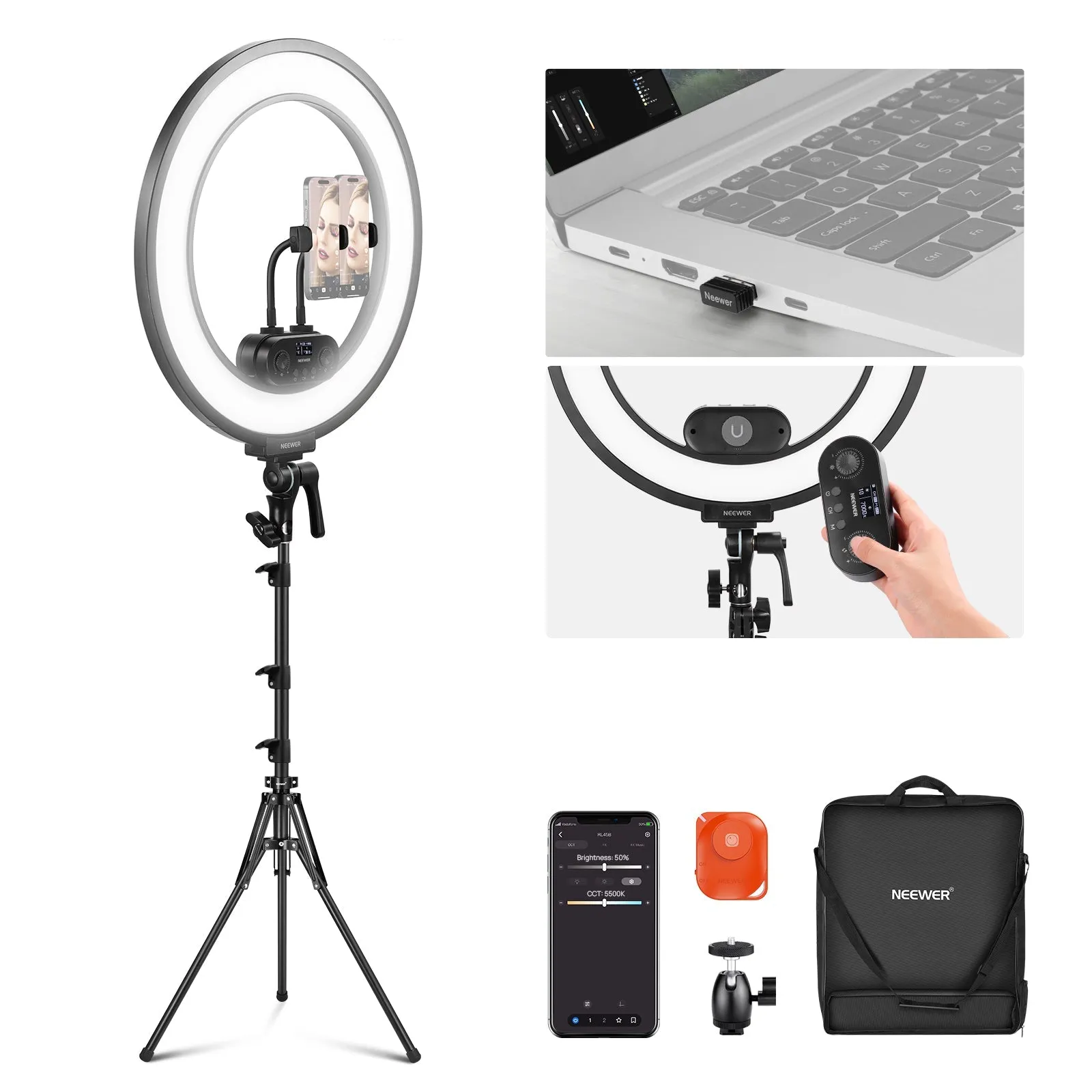 NEEWER RL45B 18" 2900K-7000K Bi-Color Slim Edge Lit Ring Light Kit