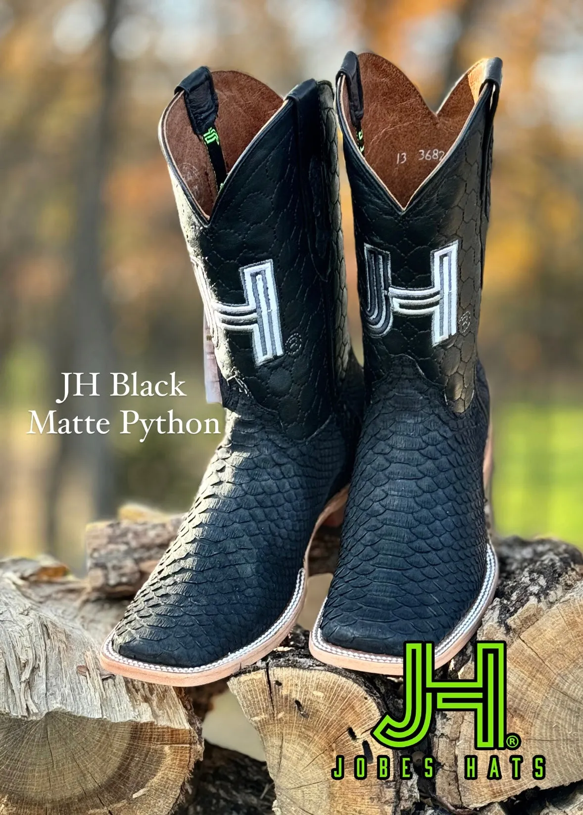 New 2024 Mens JH Black Python “Matte” Square Toe Boots