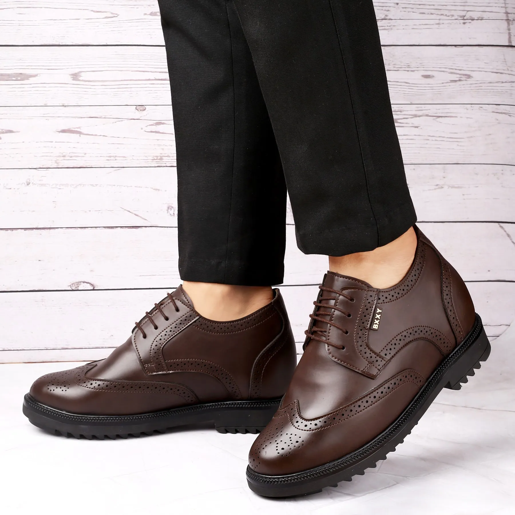 New Stylish Men's 3.5 inch Hidden Height Increasing Luxe Brogue Lace-up Shoes