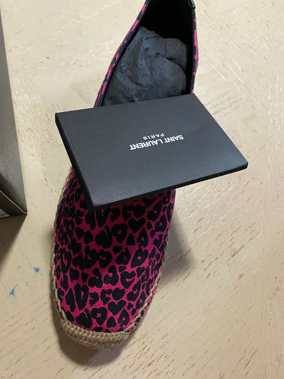 NIB Saint Laurent Women Leopard Print Flat Espadrille Shoes Red/Black 9 US/39 Eu