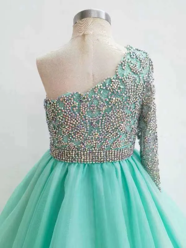 One Shoulder Glitzy Beaded Bodice Mint Teen's Pageant Ball Gown