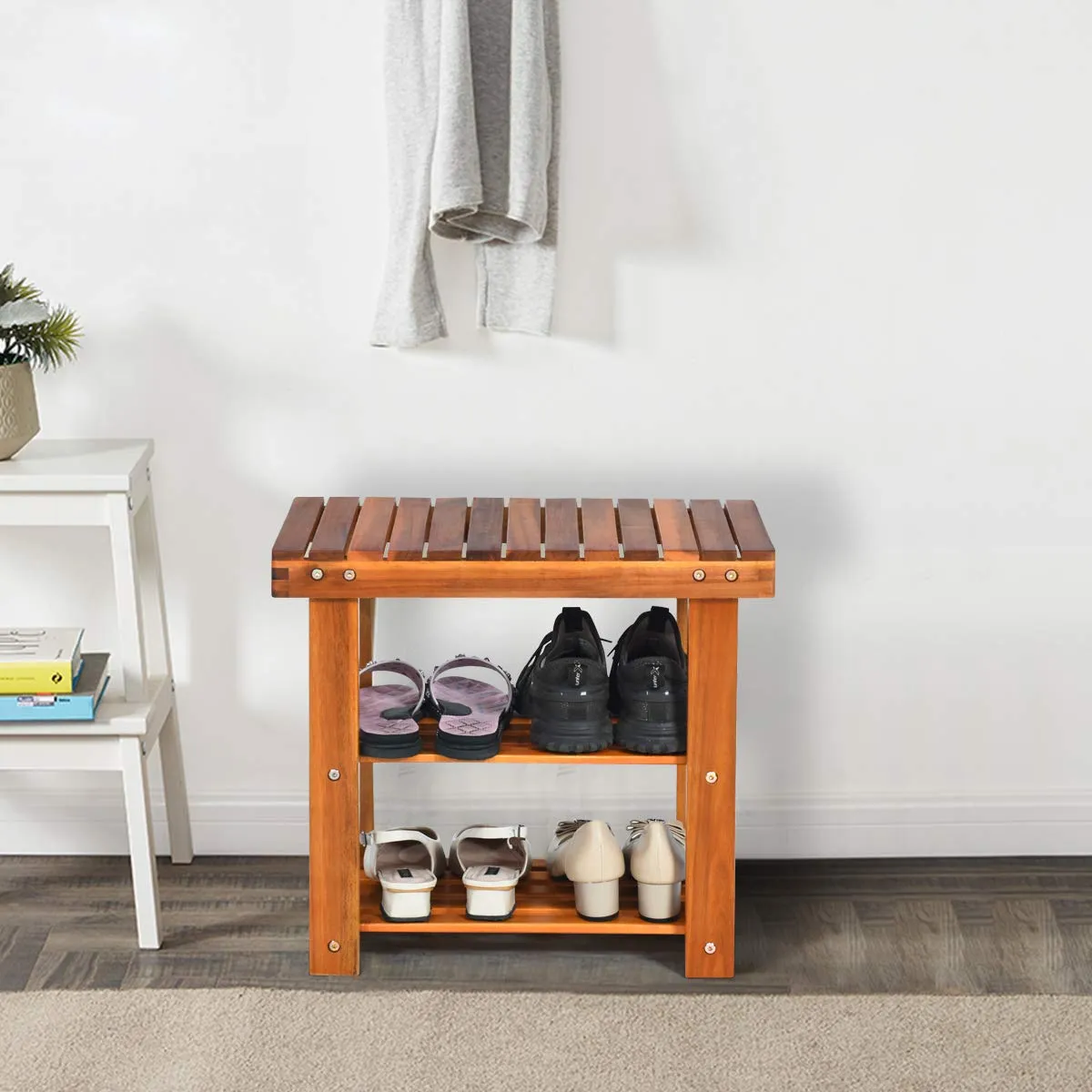 PATIOJOY Shoe Rack Bench, 3-Tier Shoe Organizer, Storage Shelf & Seat, Made of Sturdy Acacia Wood