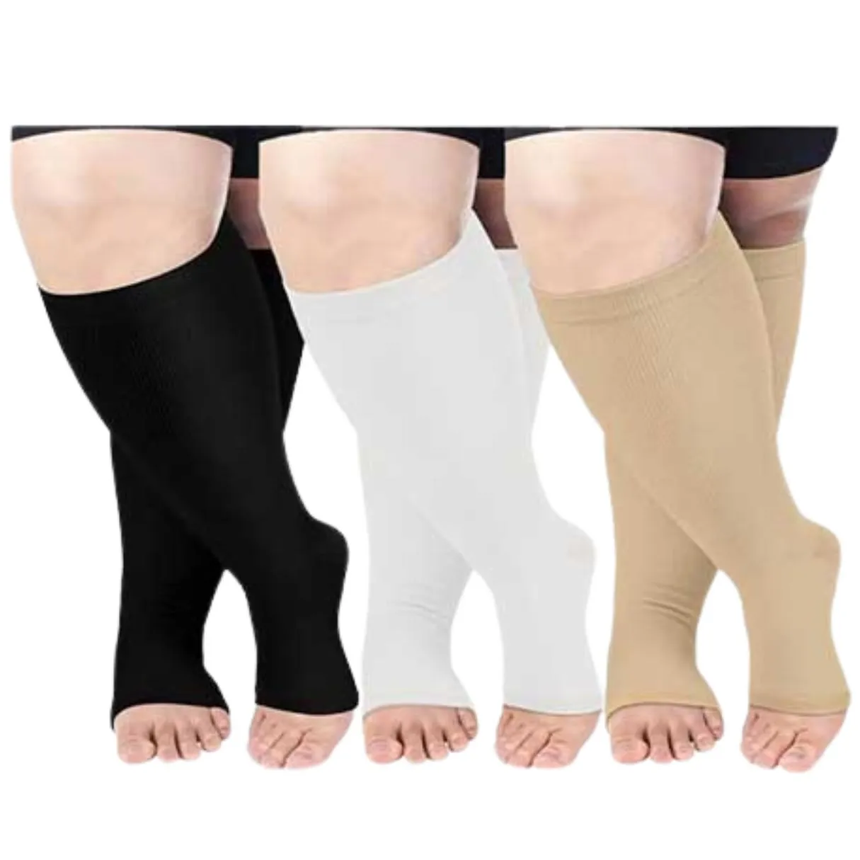 Plus Size Solid Color Open Toe Compression Socks(3 Pairs)