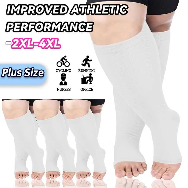 Plus Size Solid Color Open Toe Compression Socks(3 Pairs)