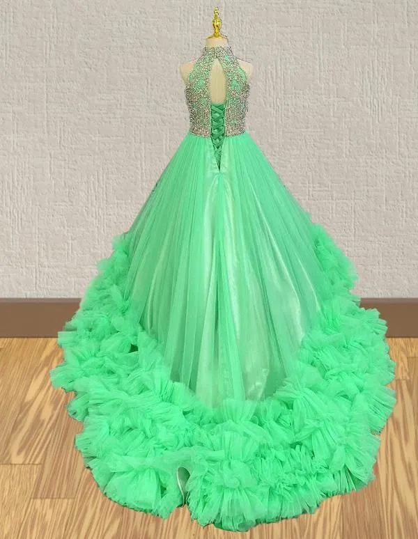 Preteens Sparkly Halter Beaded Bodice Long Pageant Gown