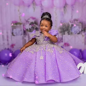 Purple Luxury Flower Girl Dresses Short Sleeves Rehinestones Ball Gown Princess Flowergirl Gowns Satin Little Kids Birthday Party Daughter and Mother Dress CF011