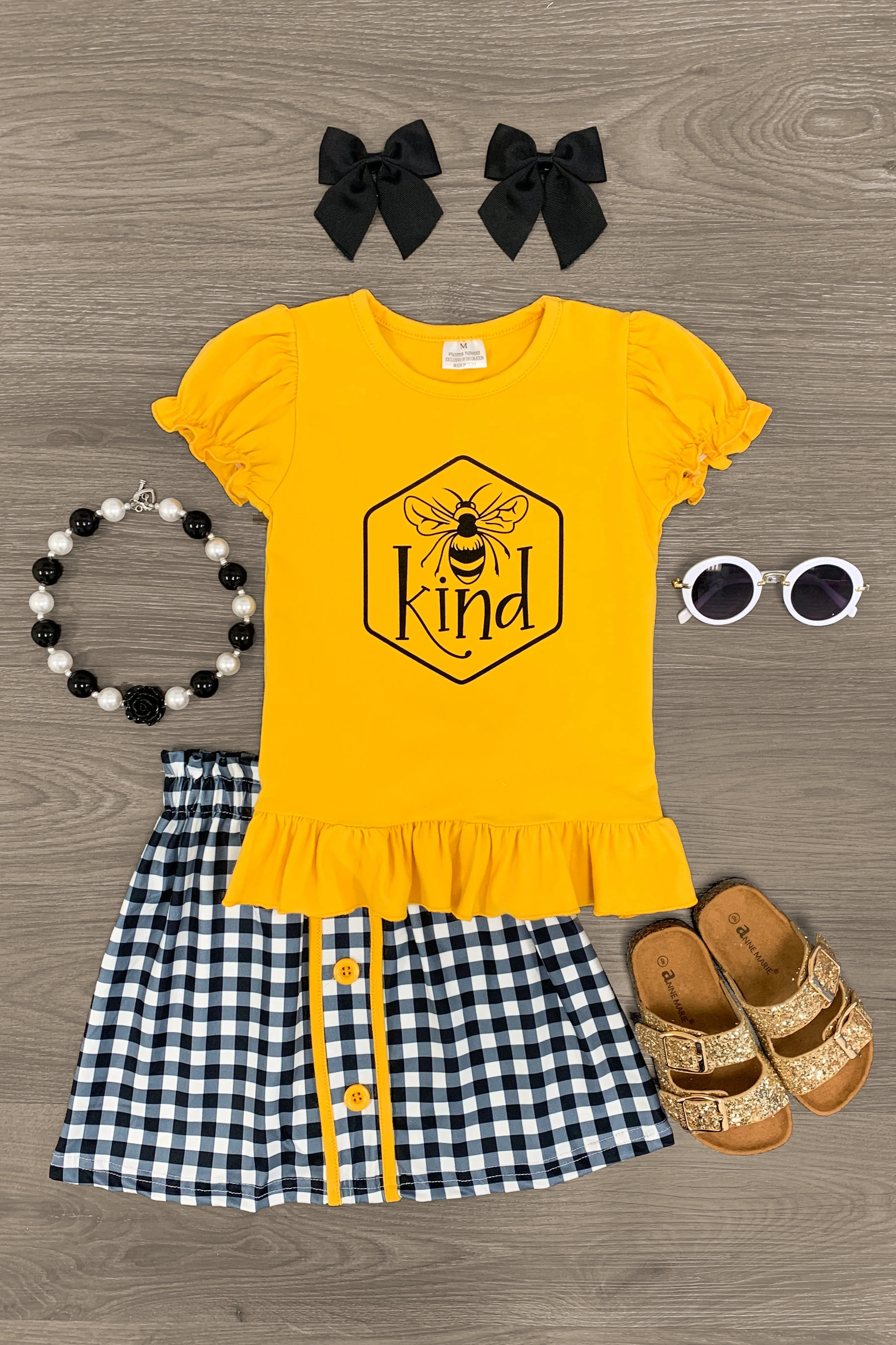 "Bee Kind" Mustard Gingham Skirt Set