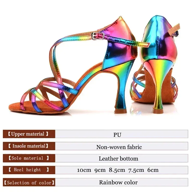 Rainbow Latin Dance Shoes for Women Party Ballroom Tango Jazz Salsa Dance Sandals Indoor High Heels Soft Sole Performance Shoes