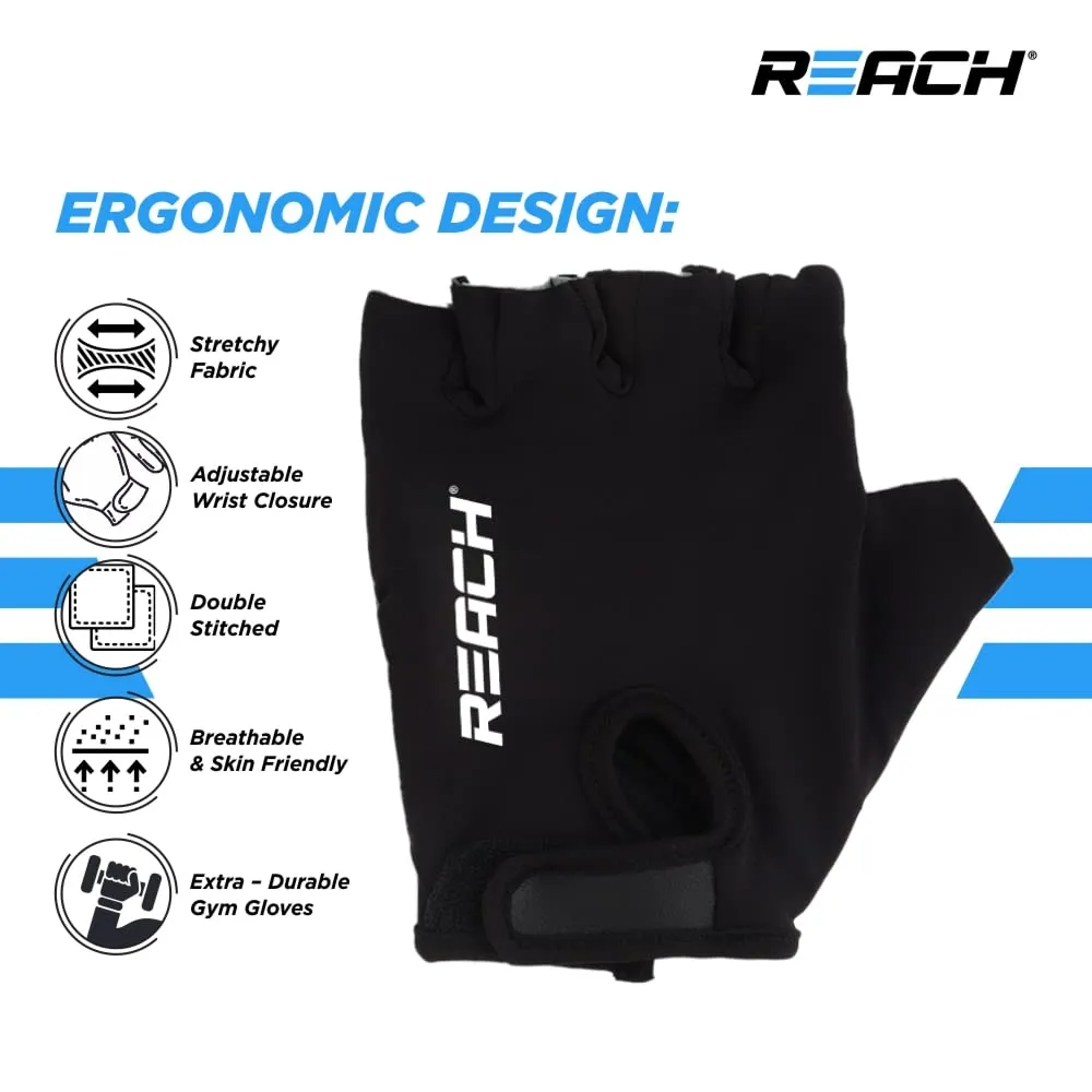 REACH Gym Gloves for Fitness Exercise Training and Workout with Wrist Wrap for Protection with Half-Finger Length for Men & Women (M, Black)