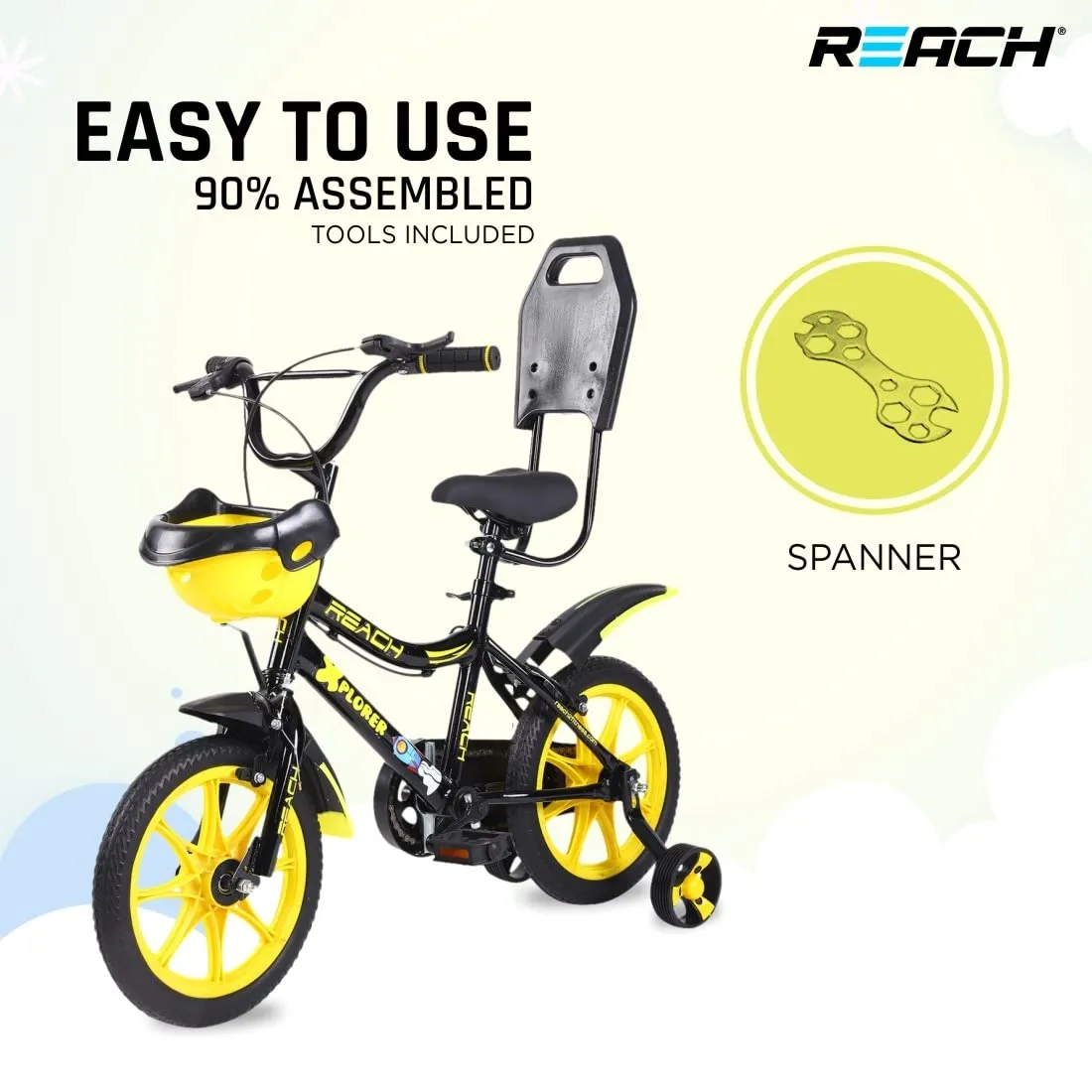 REACH Xplorer 14T Juniors Kids Cycle with ‎Training Wheels, for Boys & Girls | 90% Assembled | Frame Size:12 Inch | Ideal for Height: 3 ft   | Ideal for Ages 2-5 Years