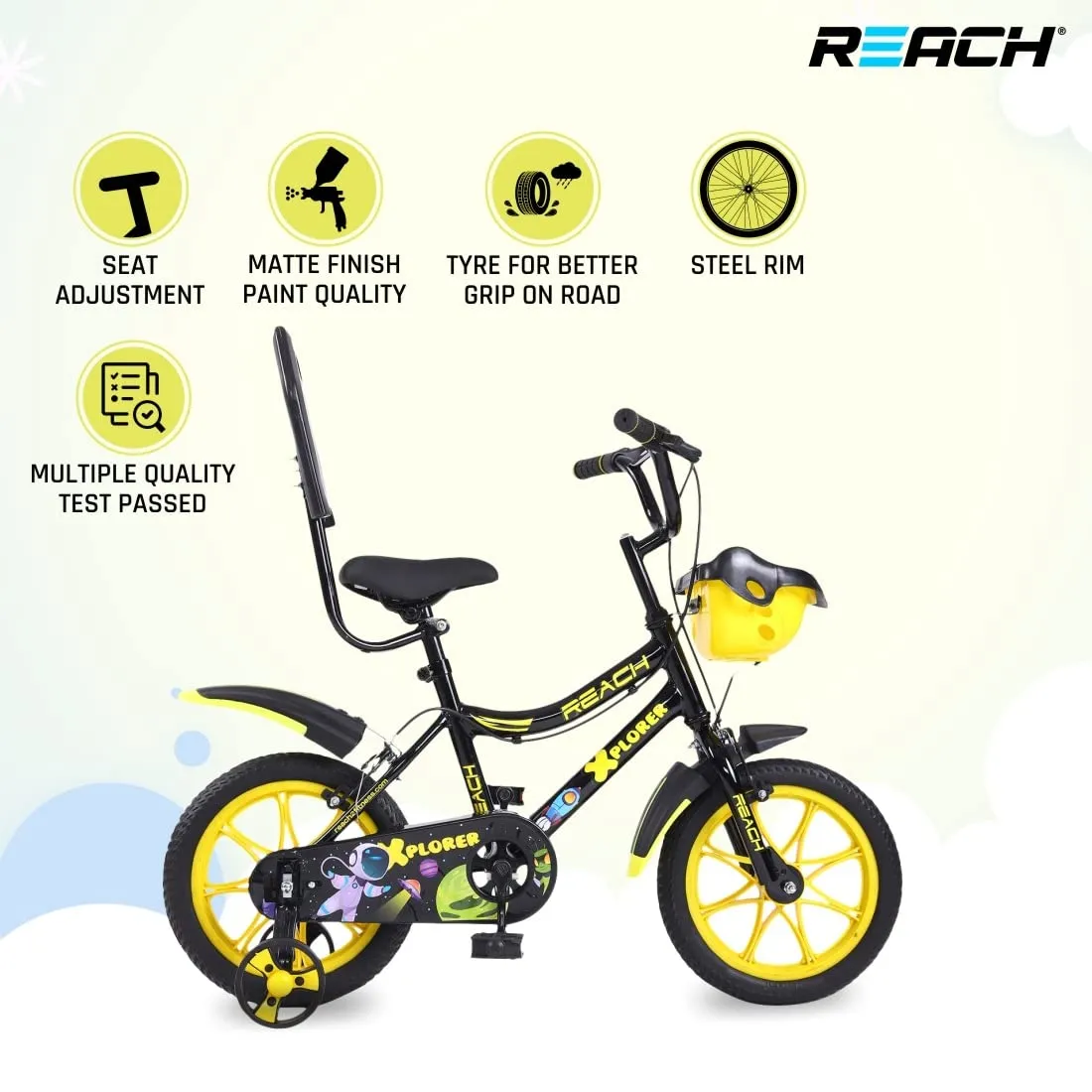 REACH Xplorer 14T Juniors Kids Cycle with ‎Training Wheels, for Boys & Girls | 90% Assembled | Frame Size:12 Inch | Ideal for Height: 3 ft   | Ideal for Ages 2-5 Years