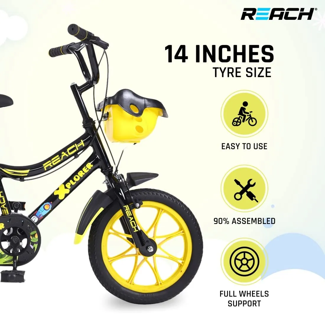 REACH Xplorer 14T Juniors Kids Cycle with ‎Training Wheels, for Boys & Girls | 90% Assembled | Frame Size:12 Inch | Ideal for Height: 3 ft   | Ideal for Ages 2-5 Years