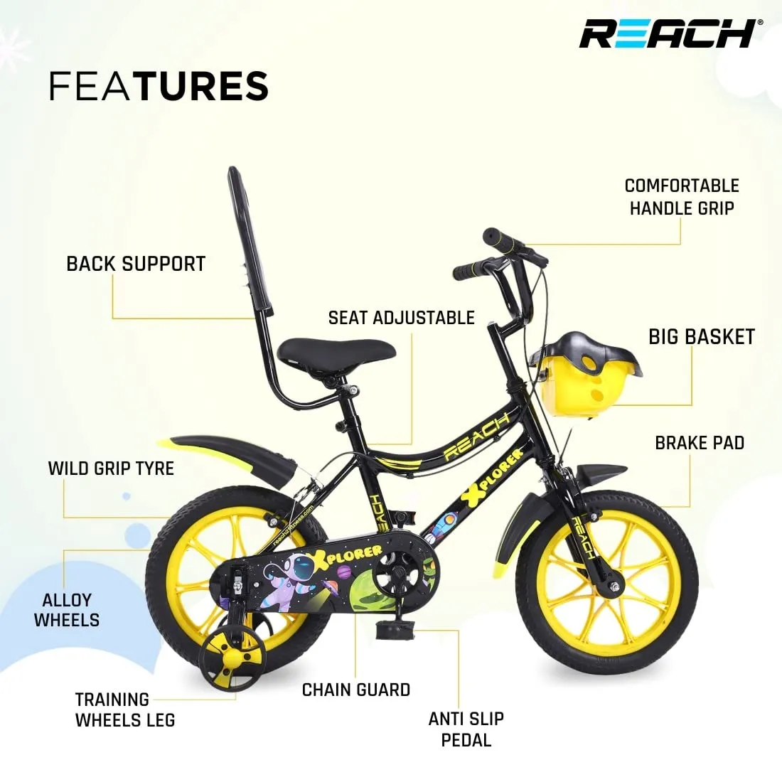 REACH Xplorer 14T Juniors Kids Cycle with ‎Training Wheels, for Boys & Girls | 90% Assembled | Frame Size:12 Inch | Ideal for Height: 3 ft   | Ideal for Ages 2-5 Years