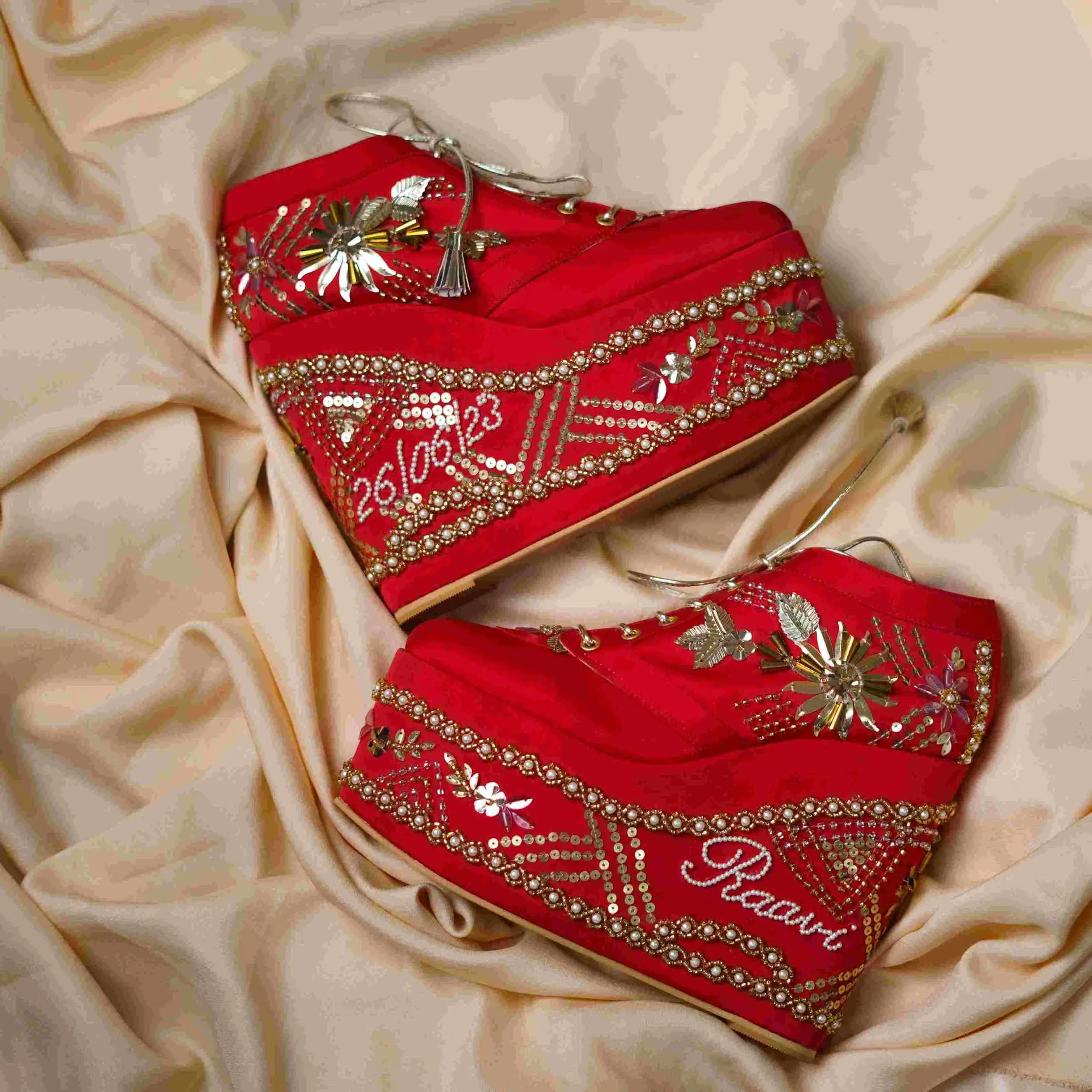 Red Bridal Sneaker Wedges - Customized embroidered Name & Date Wedding Shoes | Tiesta