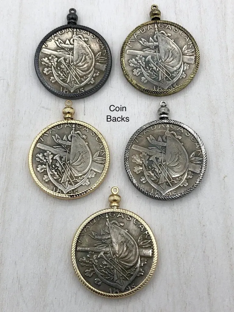 Reproduction French Madagascar Medal Coin Pendant 39mm, Coin Bezel, French coin, Art Deco Coin, Gold or Silver, 5 bezel colors. Fast Ship