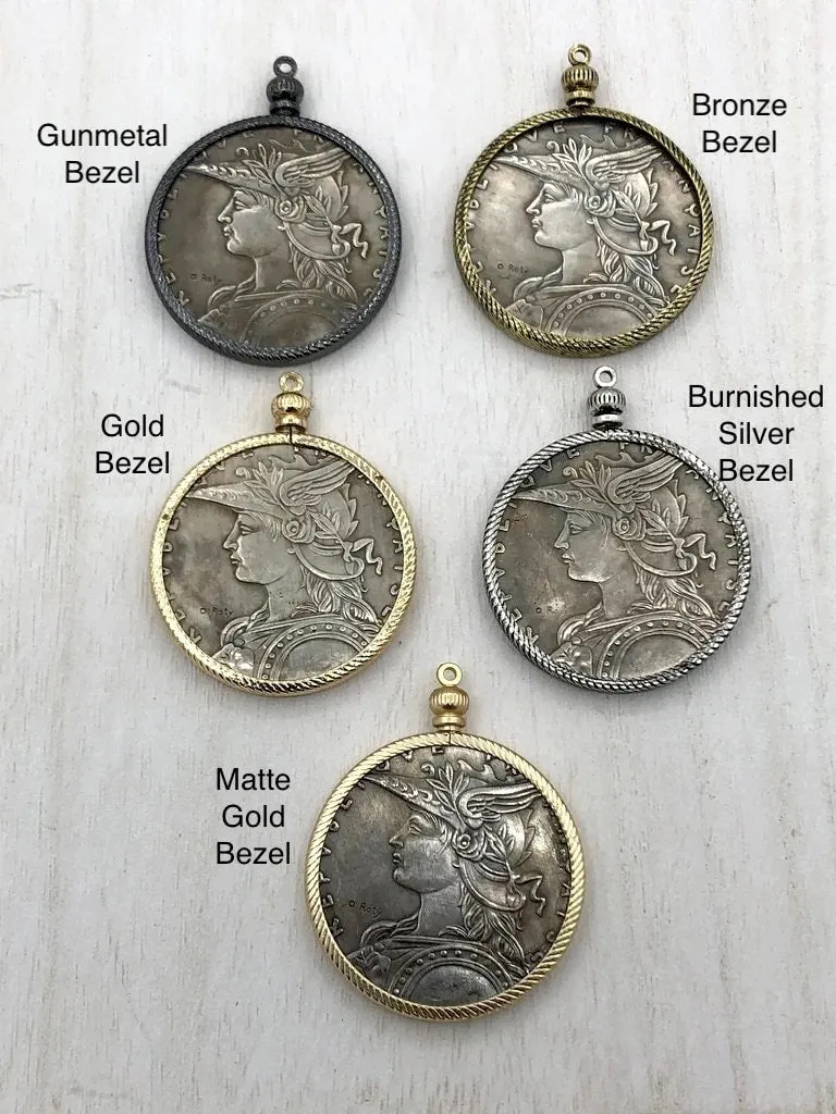 Reproduction French Madagascar Medal Coin Pendant 39mm, Coin Bezel, French coin, Art Deco Coin, Gold or Silver, 5 bezel colors. Fast Ship