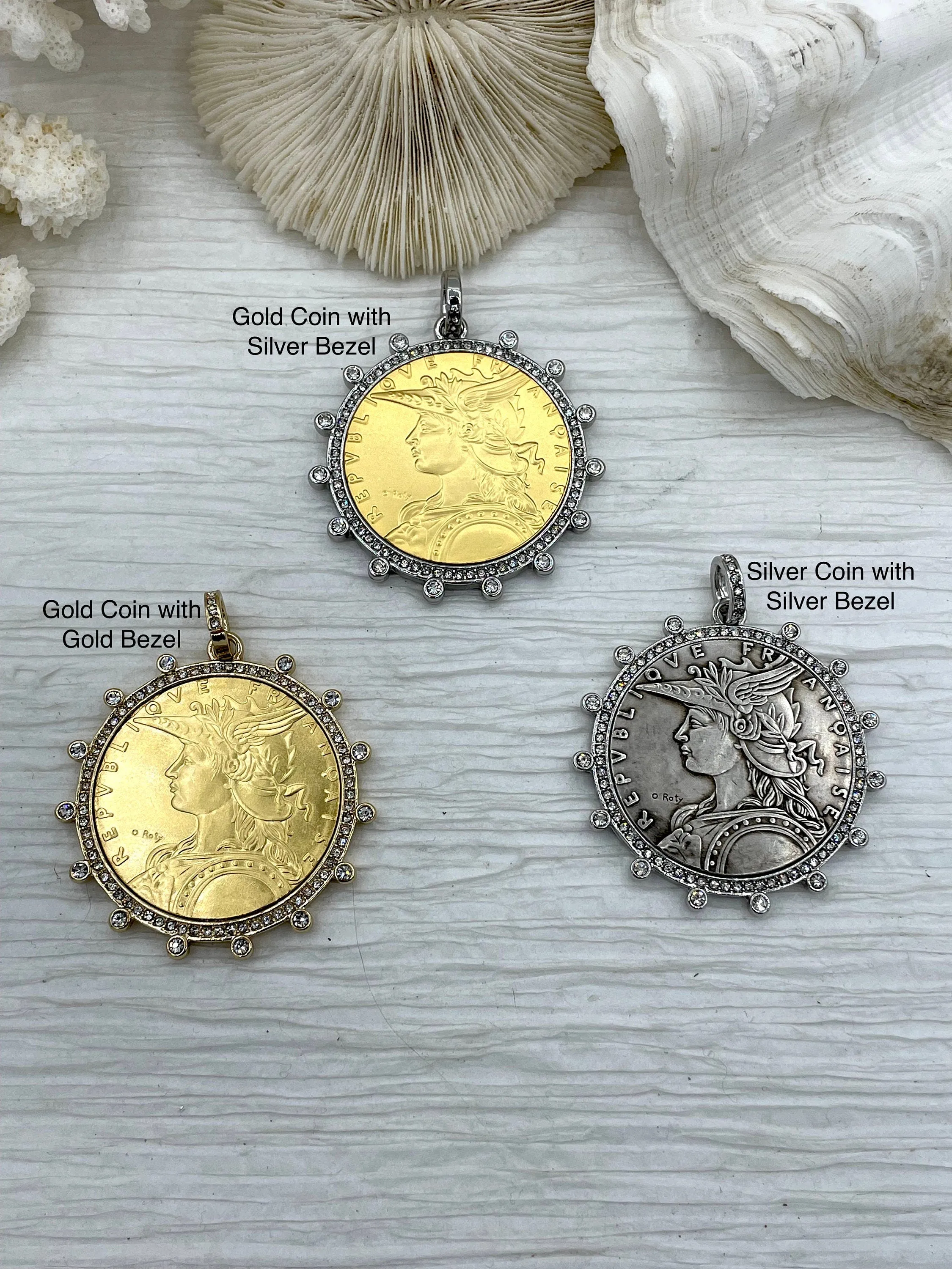 Reproduction French Madagascar Medal Coin Pendant, Bezel, French coin, Art Deco Coin, Antique Coin Bezel W/Cubic Zirconia. Fast Ship