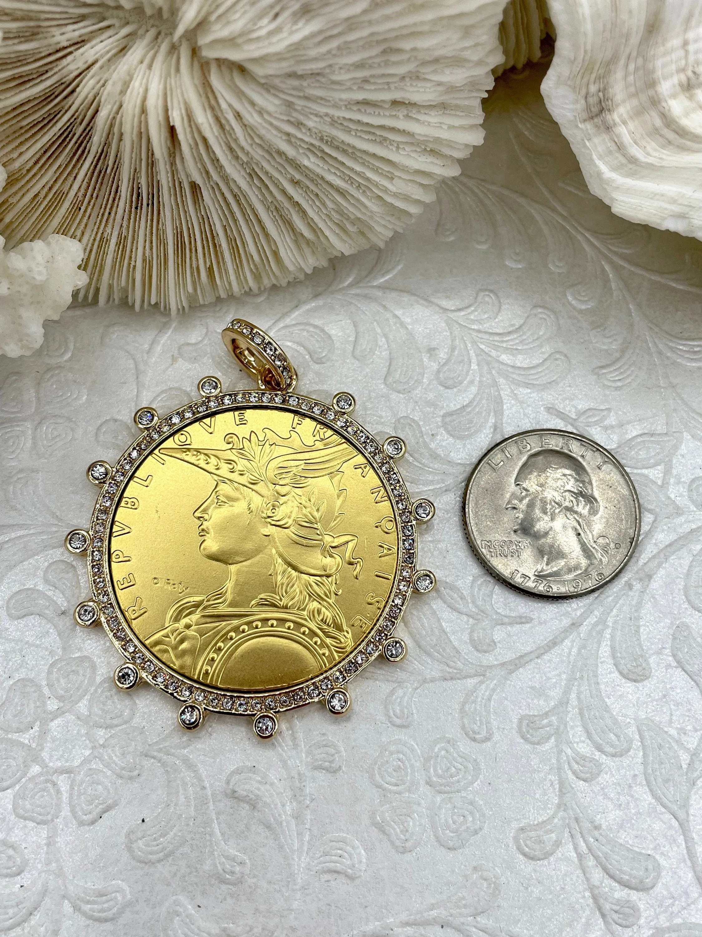 Reproduction French Madagascar Medal Coin Pendant, Bezel, French coin, Art Deco Coin, Antique Coin Bezel W/Cubic Zirconia. Fast Ship