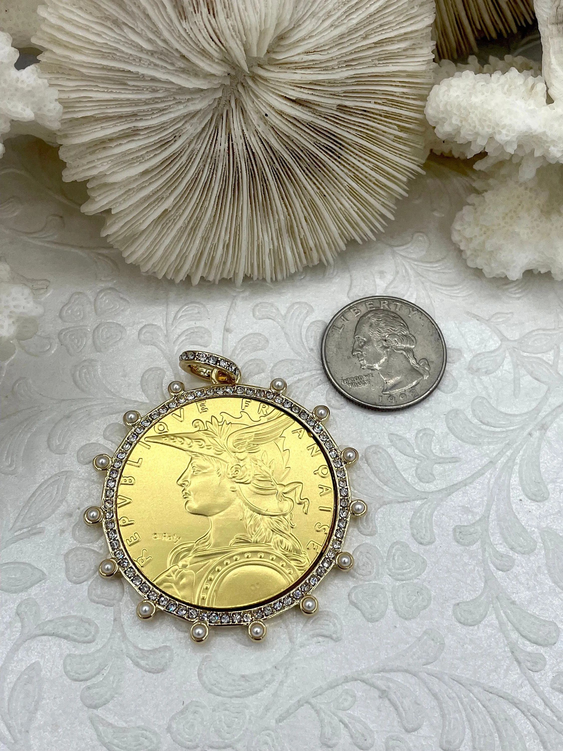 Reproduction French Madagascar Medal Coin Pendant, Coin Bezel, French coin, Art Deco Coin, Antique Coin Bezel W/Pearls & CZ. Fast Ship