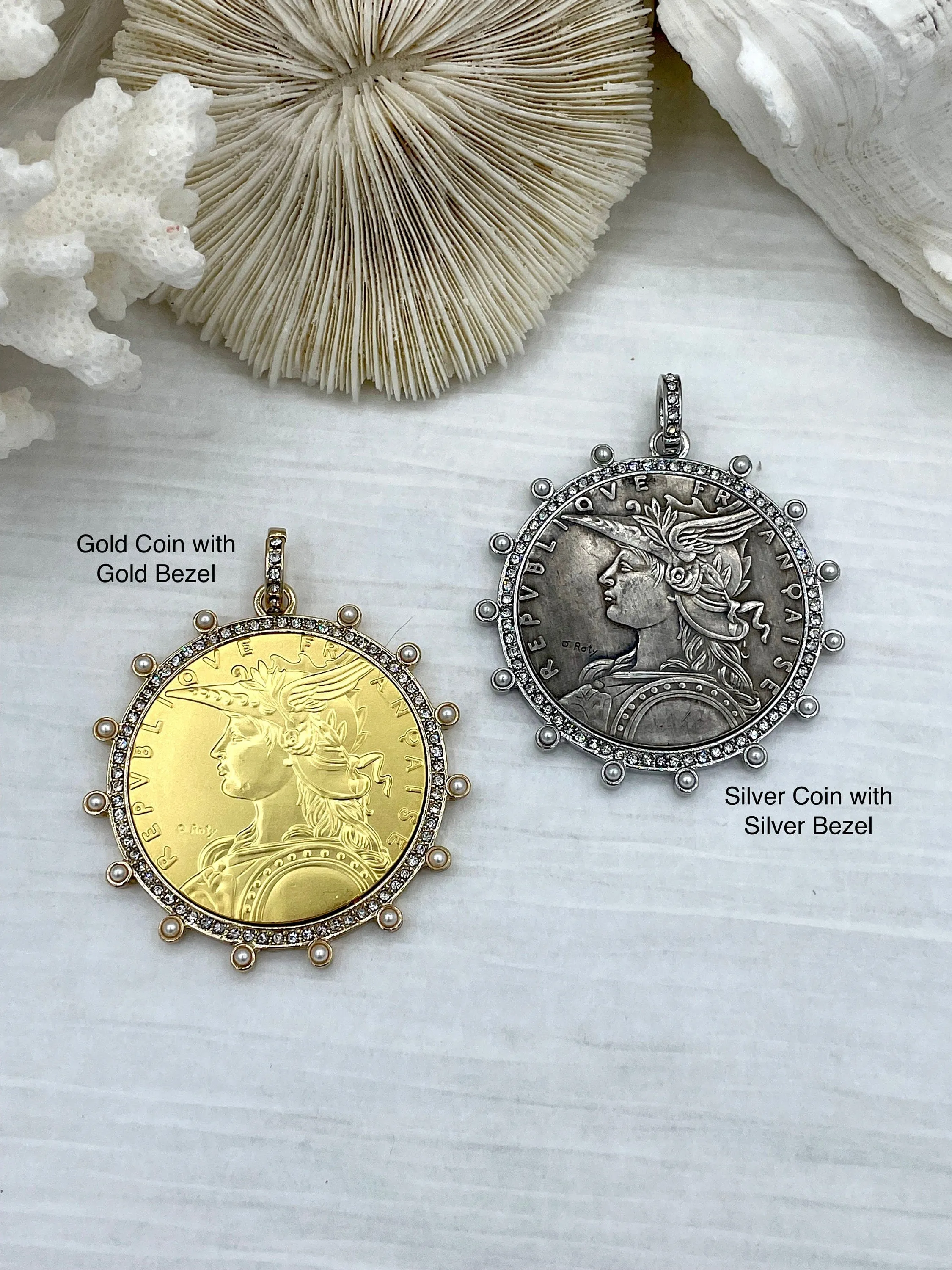 Reproduction French Madagascar Medal Coin Pendant, Coin Bezel, French coin, Art Deco Coin, Antique Coin Bezel W/Pearls & CZ. Fast Ship