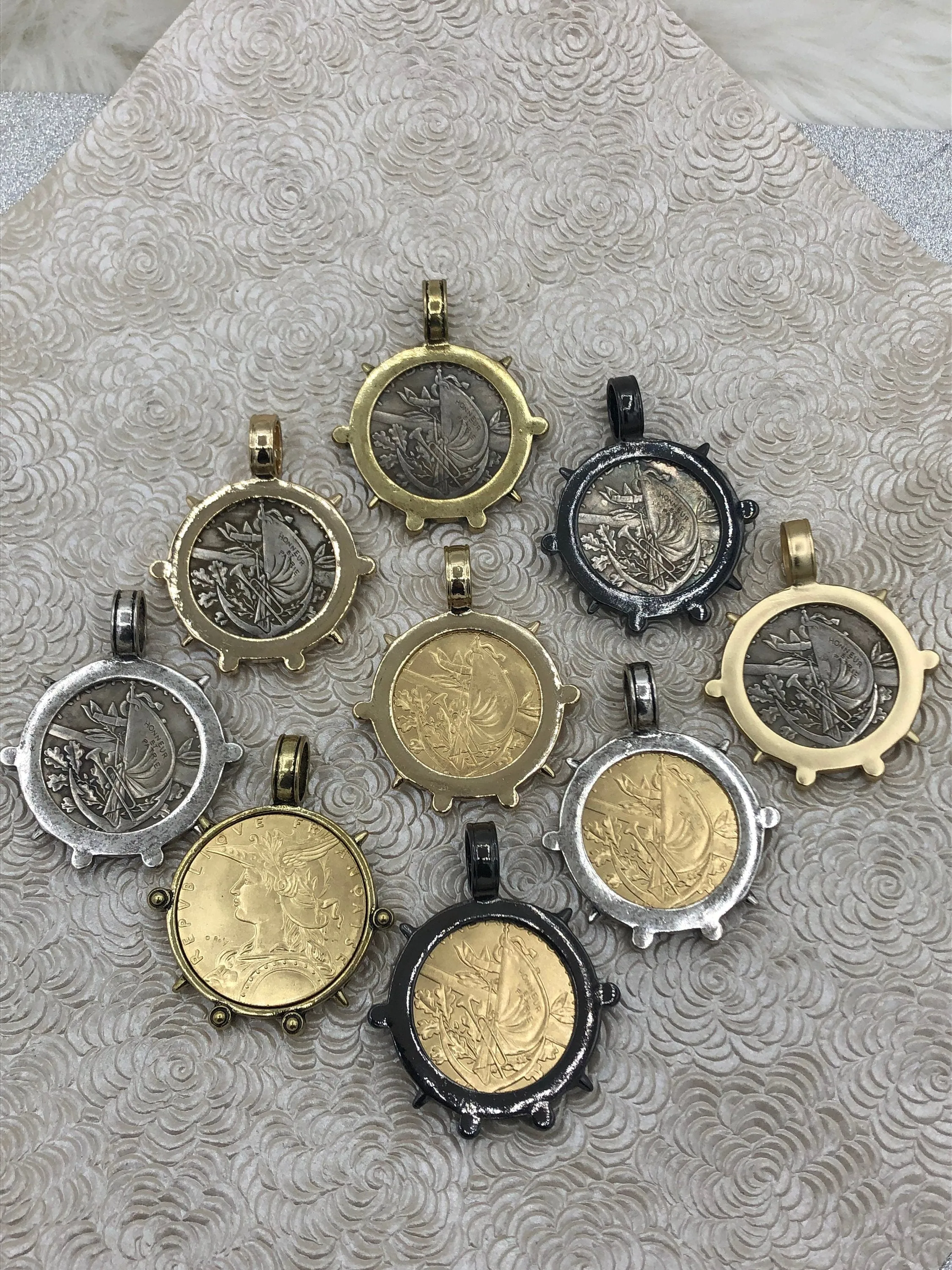 Reproduction French Madagascar Medal Coin Pendant, Coin Bezel, French coin, Art Deco Coin, Gold Coin, 4 bezel colors. Fast Ship