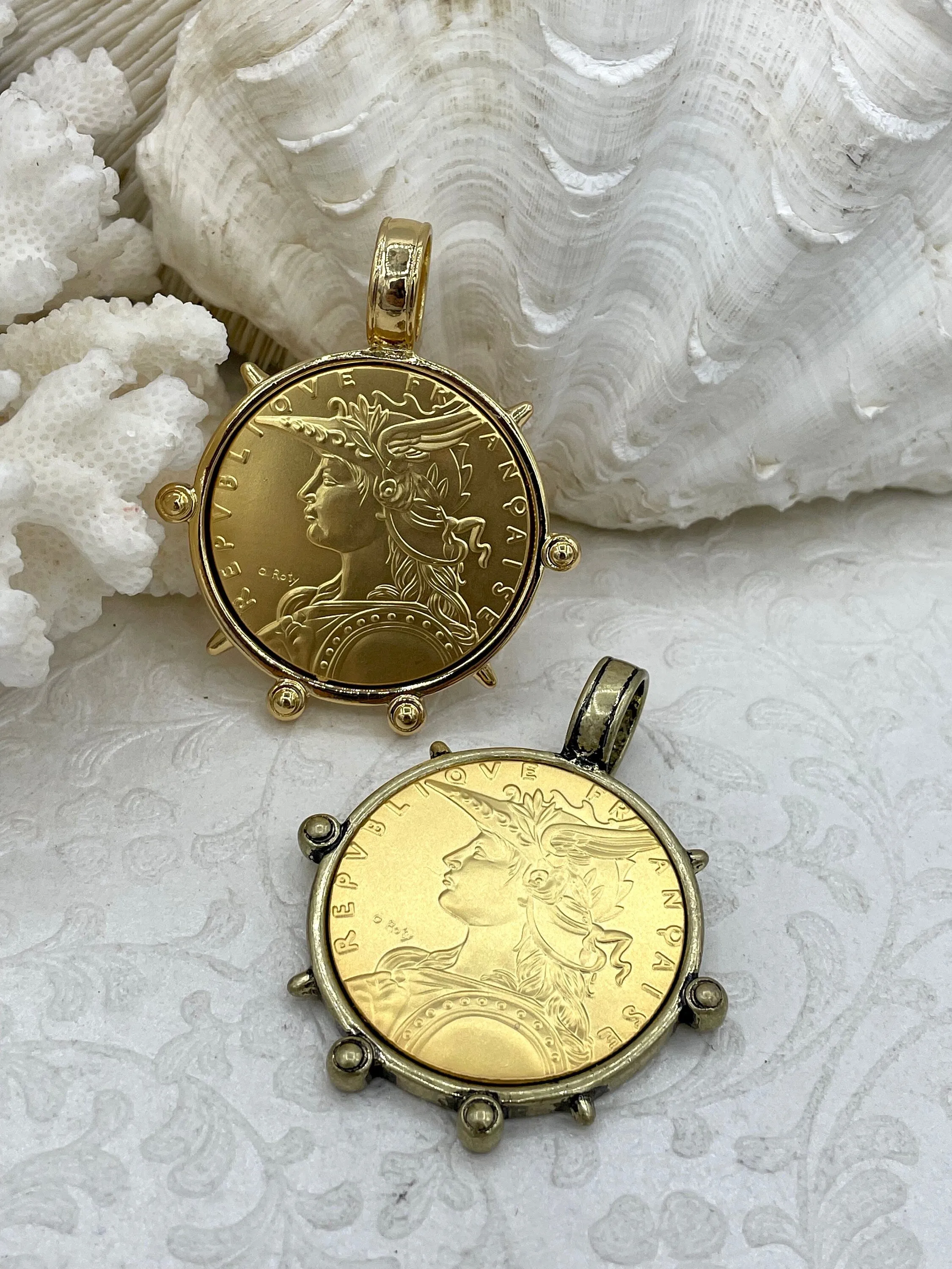 Reproduction French Madagascar Medal Coin Pendant, Coin Bezel, French coin, Art Deco Coin, Gold Coin, 4 bezel colors. Fast Ship