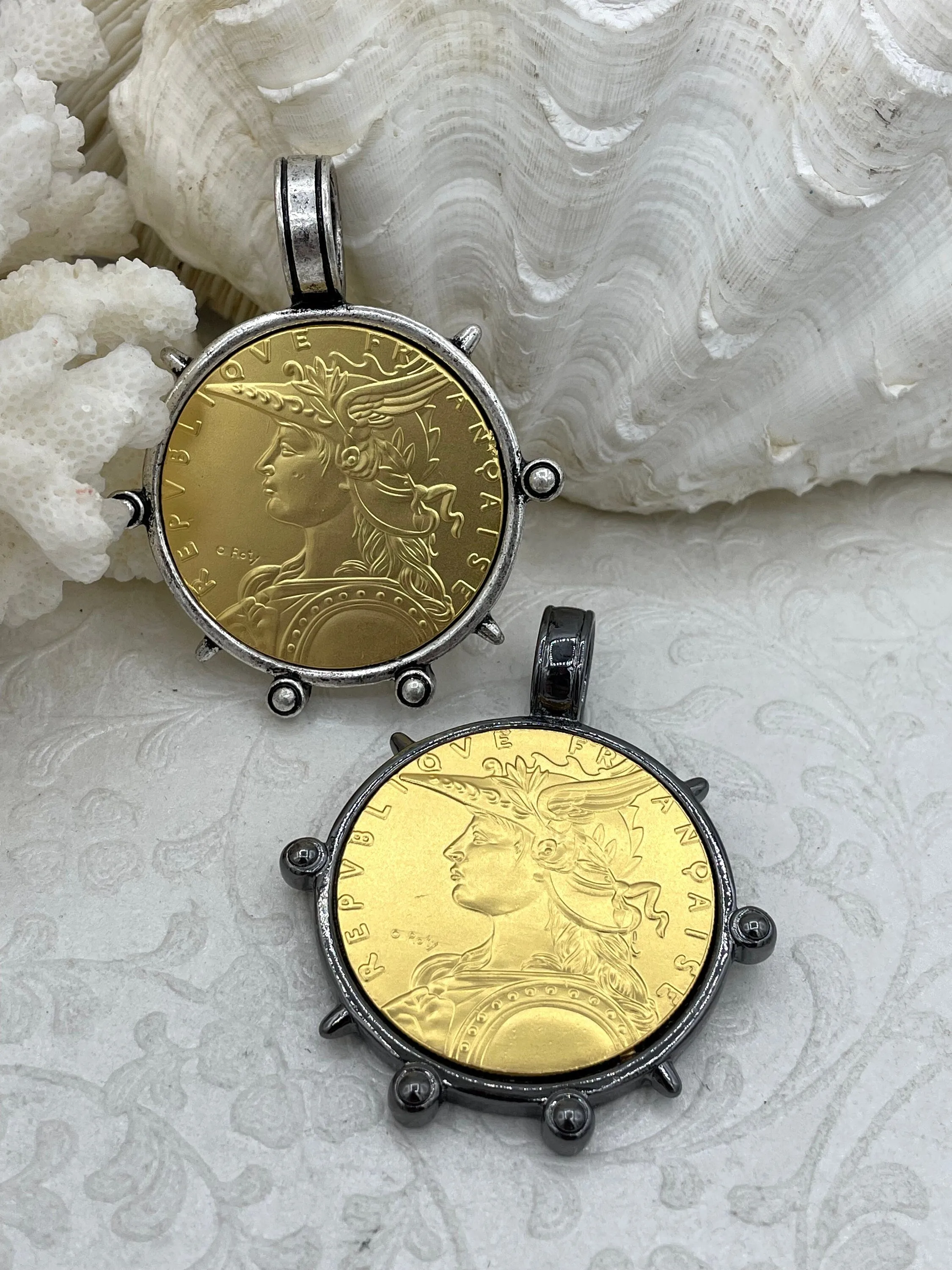 Reproduction French Madagascar Medal Coin Pendant, Coin Bezel, French coin, Art Deco Coin, Gold Coin, 4 bezel colors. Fast Ship