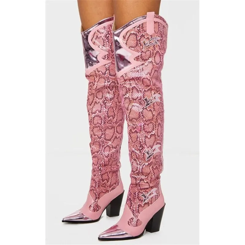 Retro Pink Snakeskin Pointed Toe Over-the-Knee Boots