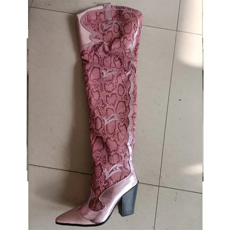 Retro Pink Snakeskin Pointed Toe Over-the-Knee Boots