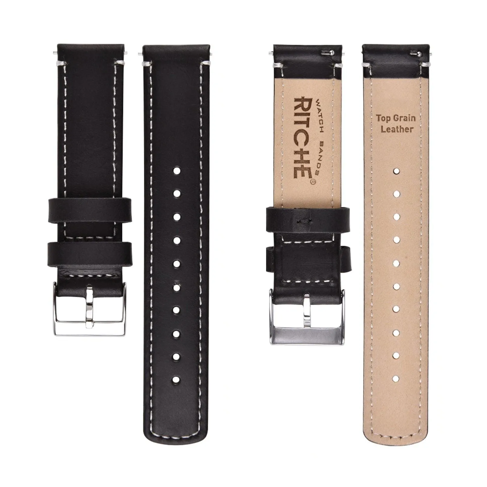 Ritche Black/White Stitching Top Grain Leather Watch Band