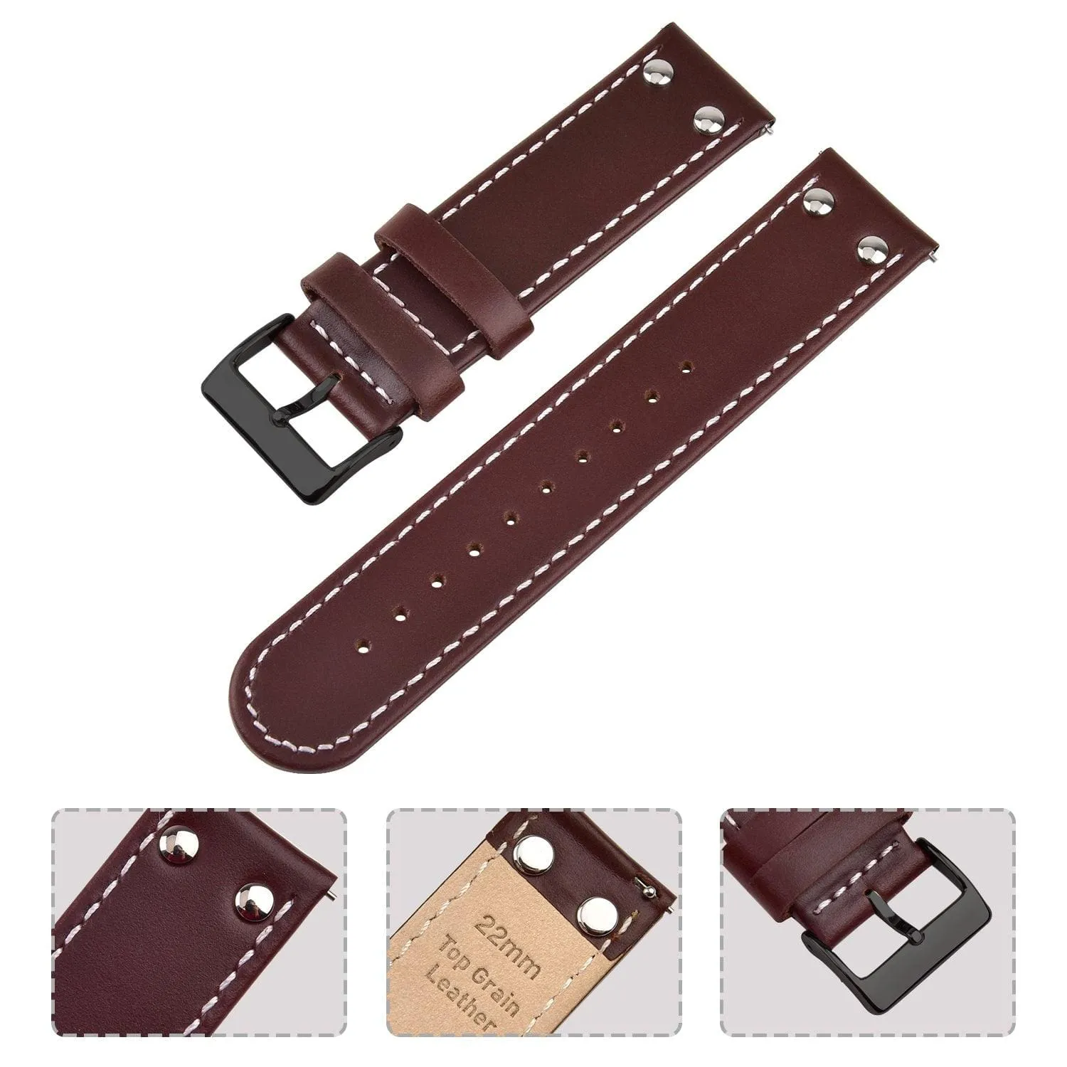 Ritche Brown/White Stitching  Pilot Dark Brown Leather Watch Band