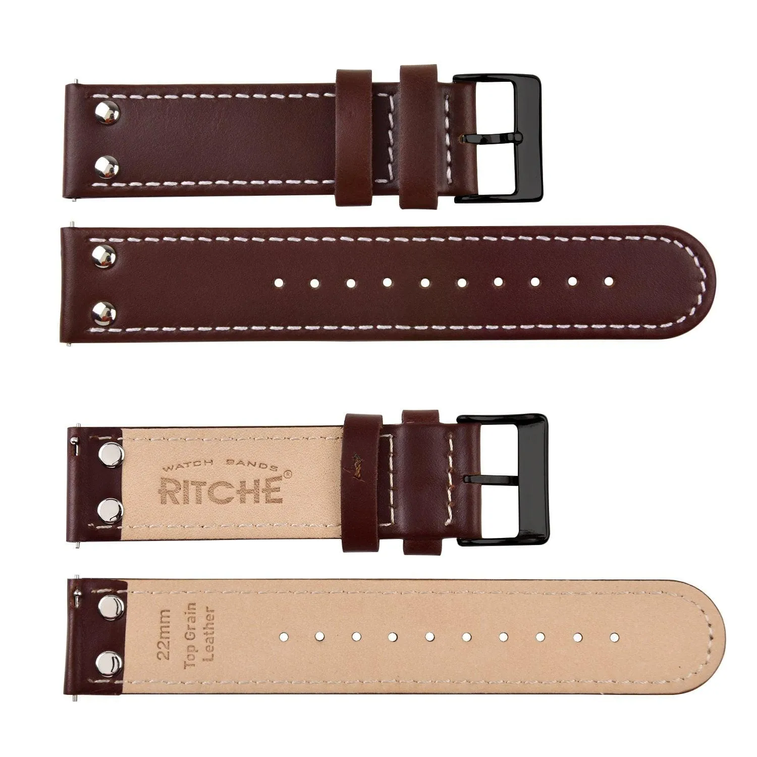 Ritche Brown/White Stitching  Pilot Dark Brown Leather Watch Band