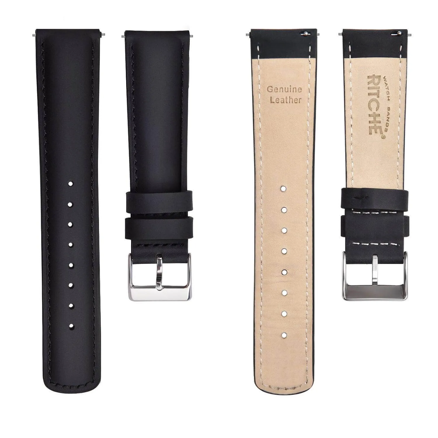 Ritche Classic Black Leather Watch Bands Black Stitching