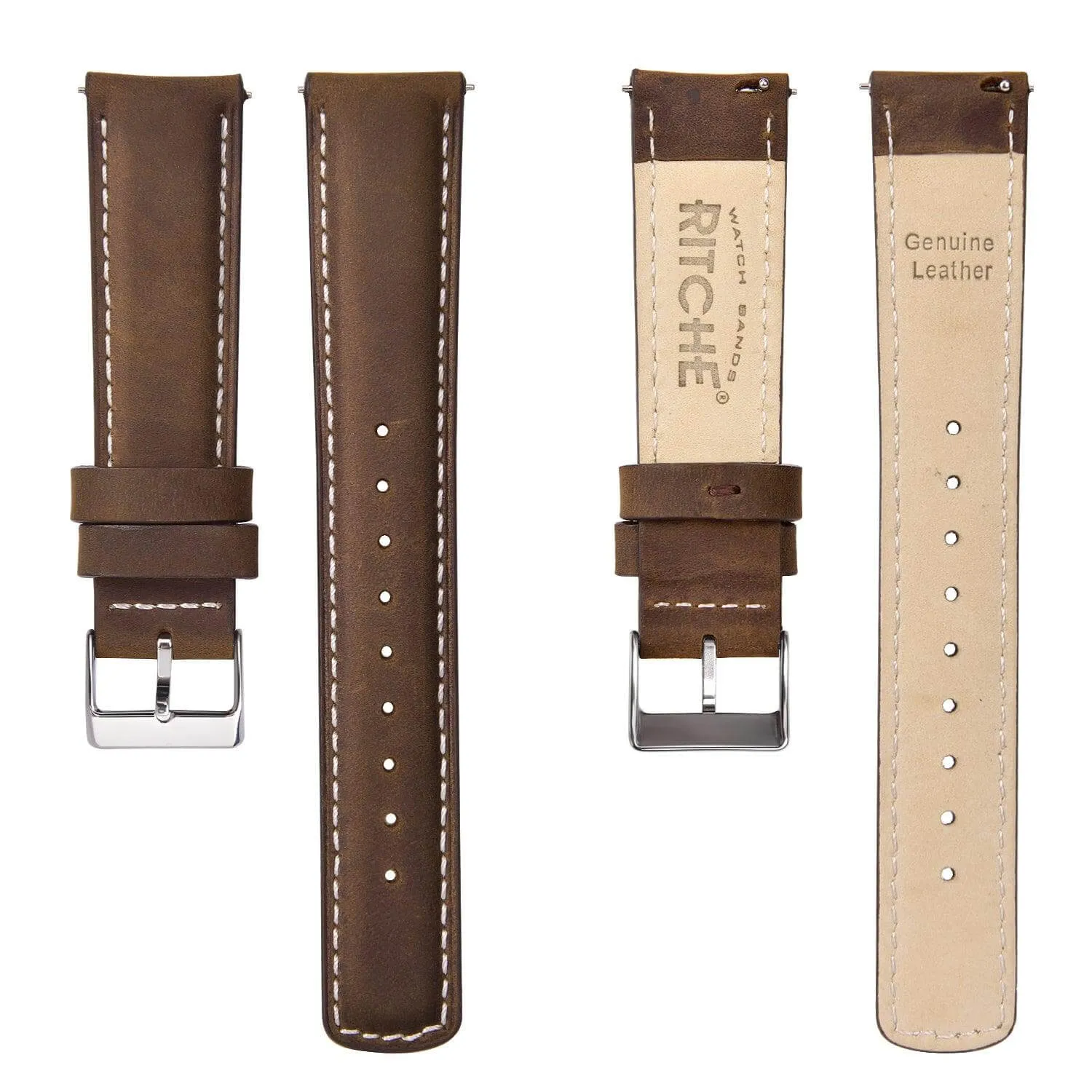 Ritche Classic Dark Brown Leather Watch Bands - White Stitching