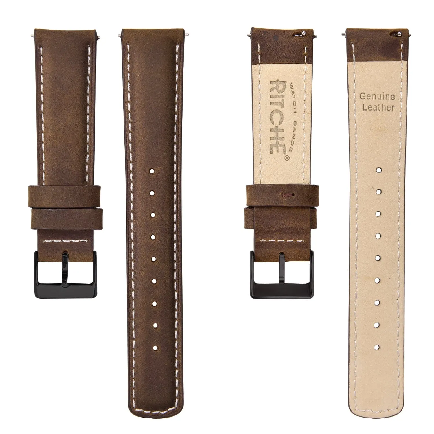 Ritche Classic Dark Brown Leather Watch Bands - White Stitching