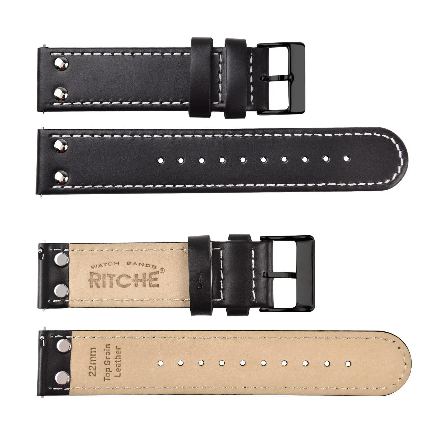 Ritche Pilot Black Leather Watch Band White Stitching