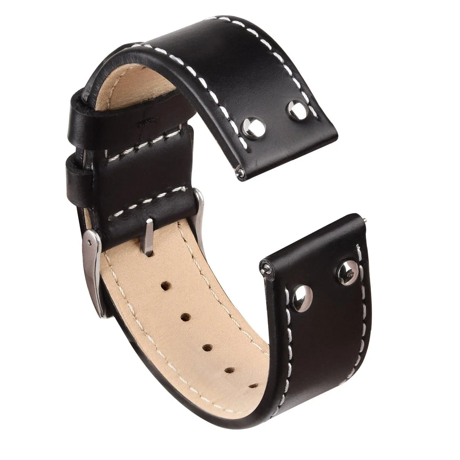 Ritche Pilot Black Leather Watch Band White Stitching