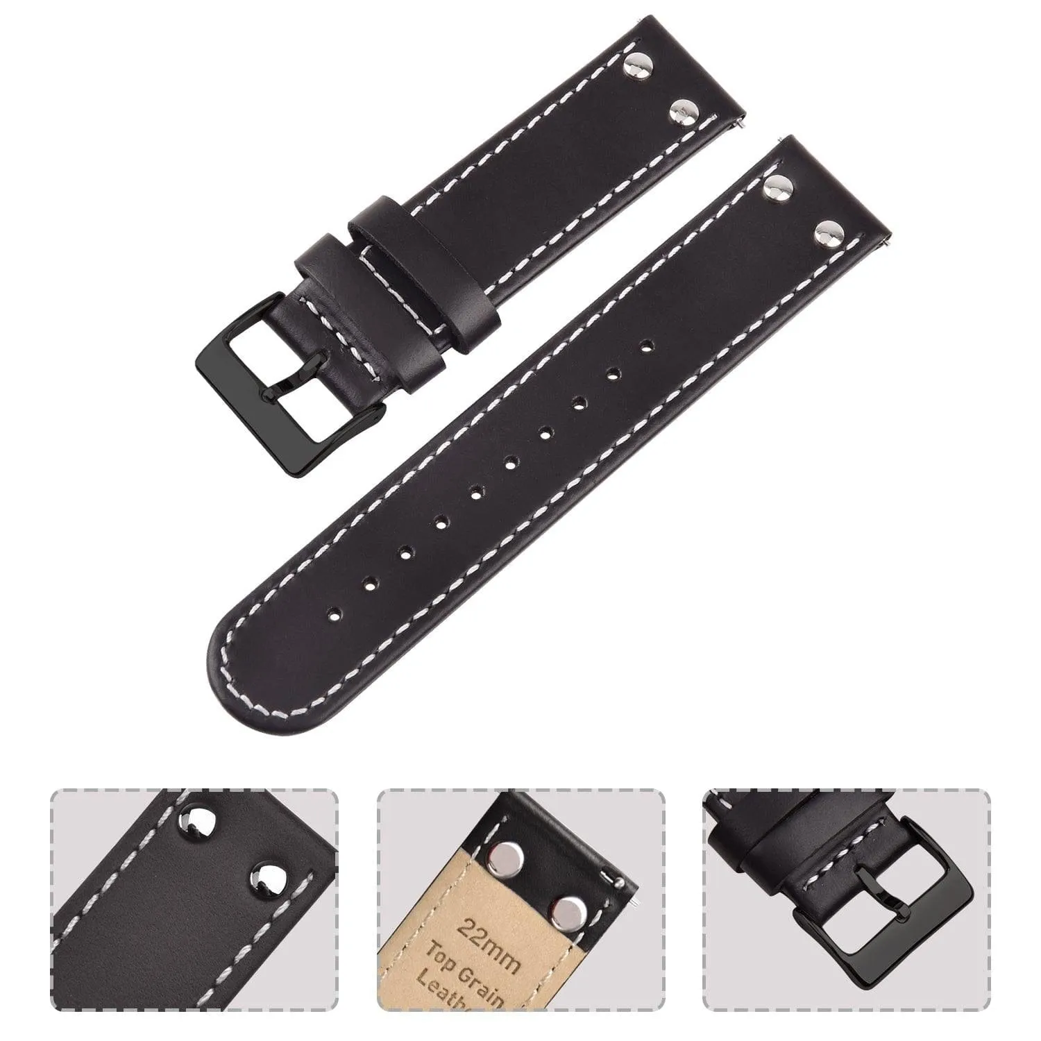 Ritche Pilot Black Leather Watch Band White Stitching