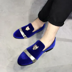 Royal Blue Velour Formal Shoes with Metal Lion Head Motif