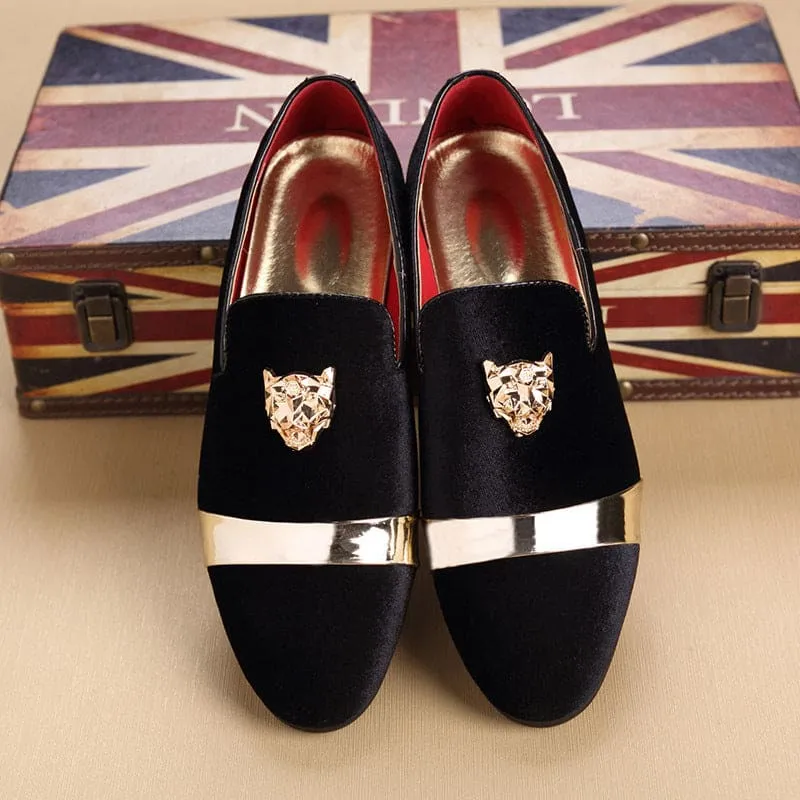 Royal Blue Velour Formal Shoes with Metal Lion Head Motif