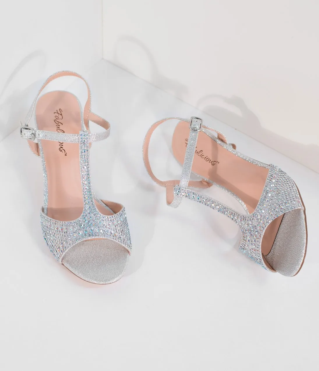 Shimmering Silver Rhinestone Peep Toe T-Strap Kitten Heels